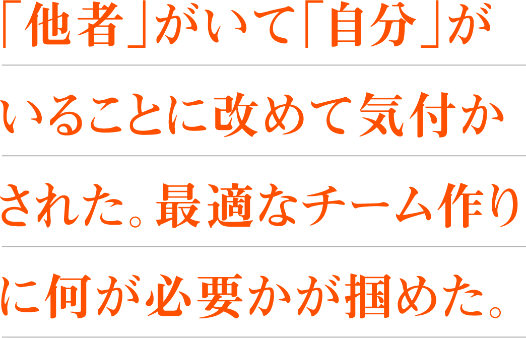 「他者」がいて「自分」がいることに改めて気付かされた。最適なチーム作りに何が必要かが掴めた。